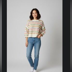 Cotton Emporium Vintage Striped Floral Light Sweater Women's Size L Made in USA